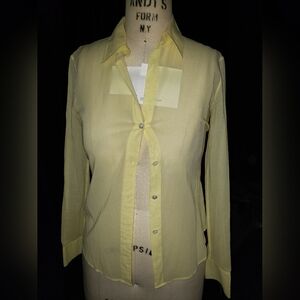 Theory Yellow Button-Up sheer cut on bias fitted 100% stretch cotton